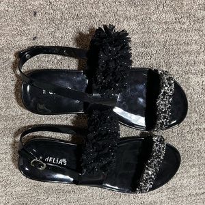 Cute summer sandals, black w, flower strap and sparkle strap. Size 7/8